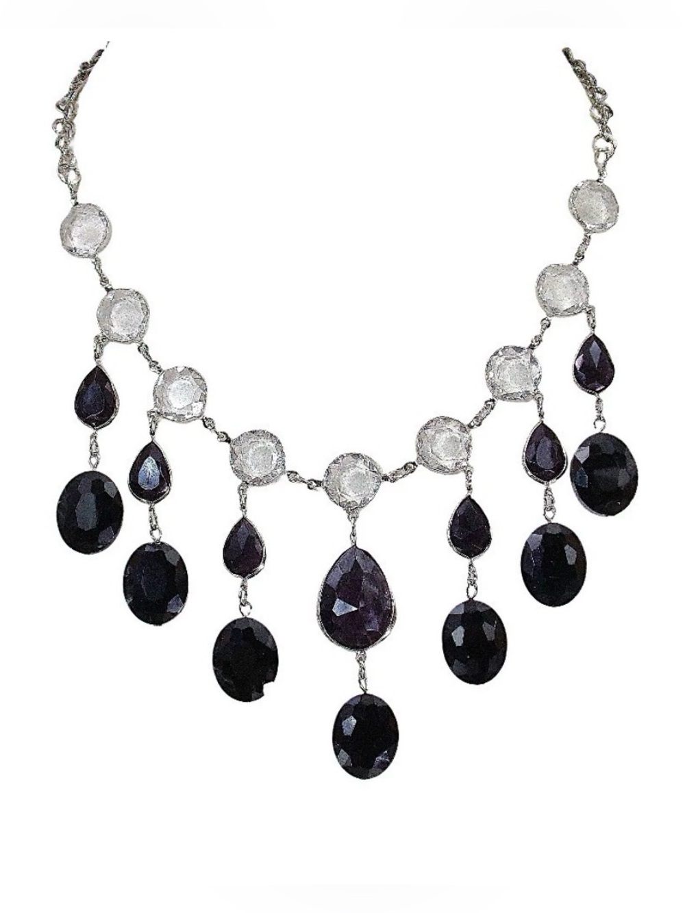 Women's Black Clear Glass Statement Necklace Evening Wedding Dramatic Jewelry